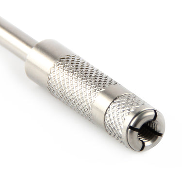 Detailed close-up of the adjustable collet head on an EVE special mandrel for holding polishing pins.