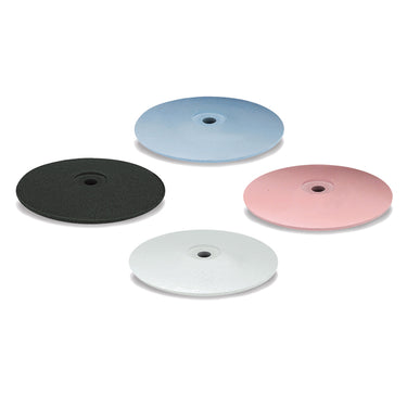 Four EVEFLEX universal lens polishing wheels in black, blue, pink, and white arranged together.