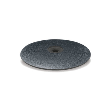 A dark gray lens-shaped EVEFLEX silicone polishing wheel used for surface smoothing.