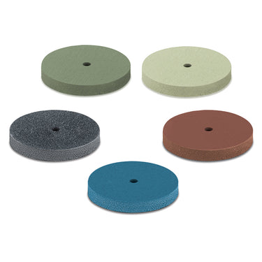 A five-piece assortment of thick flat-edge EVEFLEX silicone polishing wheels showing all grit steps.