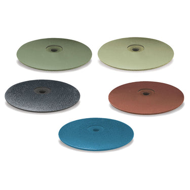 A five-piece set of lens-shaped EVEFLEX silicone polishing wheels showing the different grit variations.