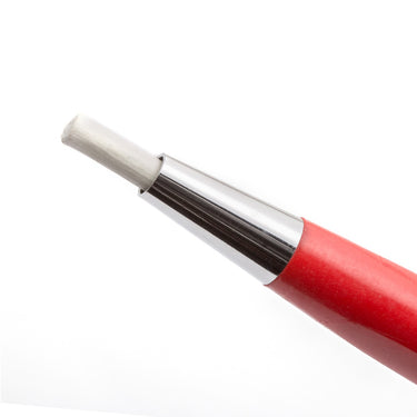 Close-up of a white fiberglass brush tip extended from a silver metal ferrule on a red pen.
