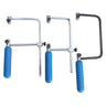 Trio of Swiss style fine jeweler saw frames with ergonomic blue handles in fixed and adjustable models.
