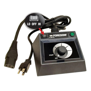 Product image of a black Foredom C.EMHF-2 dual speed range tabletop dial control box designed for 230V flex shaft motors.