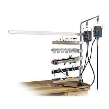Foredom dual motor hanger system configured with tool organizer trays, LED light bar, and motors.