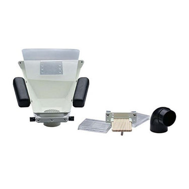 Foredom fishmouth dust collector hood displayed with bench pin assembly and exhaust elbow port.