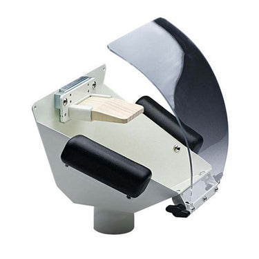 Right side angle of Foredom fishmouth hood with acrylic shield, armrests, and wooden bench pin.
