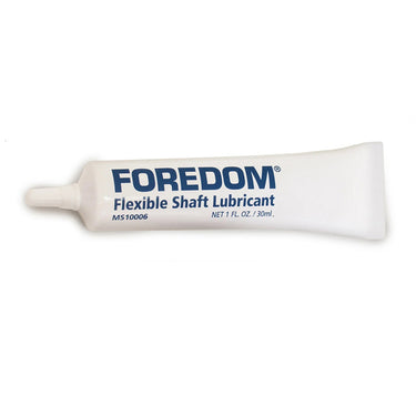 Front view of Foredom 1 oz flexible shaft lubricant tube lying horizontally.