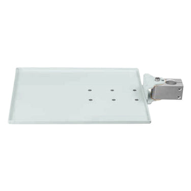 Front view of Foredom medium tray shelf with mounting bracket on the right side.