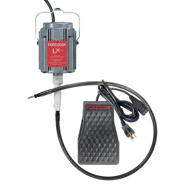 Complete Foredom LX series pendant motor kit showing the hang-up motor unit, inner shaft, outer sheath, and foot pedal.
