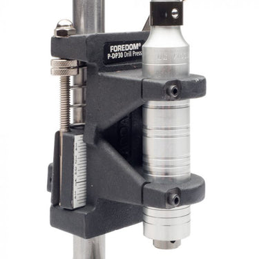 Detailed close-up view of the adjustable measurement depth gauge scale on the Foredom P-DP30 drill press head.