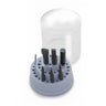 Complete 6-piece kit of Foredom threaded anvil points arranged inside a round plastic tiered stand with a clear cover.