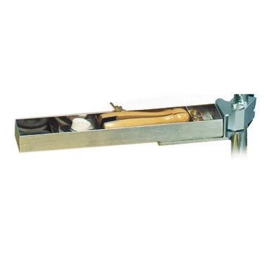 Foredom tray arm filled with workbench accessories, ring clamp, and polishing supplies.