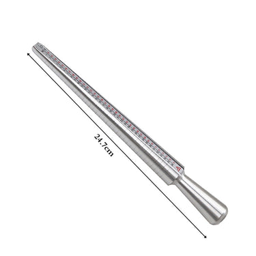 Professional metal ring sizing stick showing its total length dimension measurement of 24.7cm.
