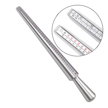 Silver ring measuring stick with a circular inset magnifying the detailed numerical graduation scales.