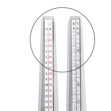 Close-up dual view of the explicit measurement scales printed along the silver metal ring mandrel.