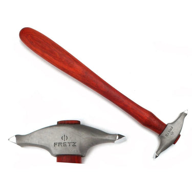Overhead view of Fretz HMR-13 texturing hammer showing 72mm head and polished 15mm chisel ends.