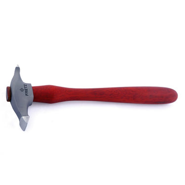 Side profile view of Fretz HMR-13 short sharp texturing hammer with red Padauk wood handle.