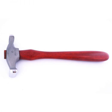 Full profile of Fretz HMR-2 wide raising hammer with oiled padauk wood handle and polished steel head.