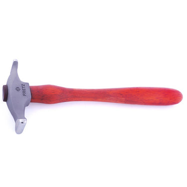 Full profile of Fretz HMR-3 narrow raising metalsmithing hammer with ergonomic padauk wood handle.