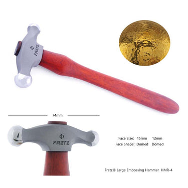 Fretz HMR-4 large embossing hammer specs showing 74mm head with 15mm and 12mm domed round faces.