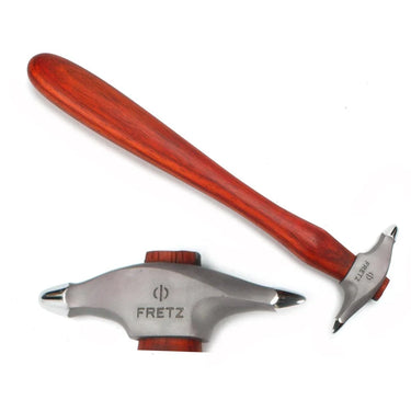Overhead view of Fretz HMR-5 small embossing hammer showing 72mm head and polished tips