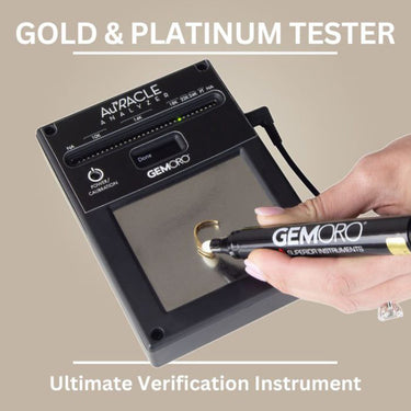 Testing a gold ring with GemOro AuRACLE Analyzer verification instrument.