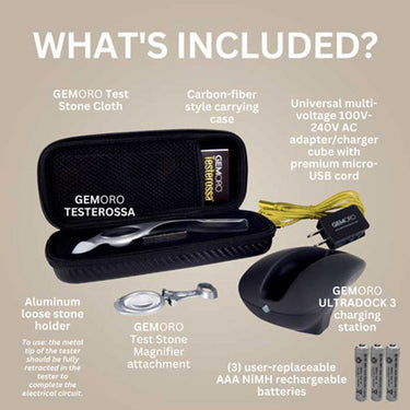 GemOro Testerossa kit including charging station, case, and batteries.