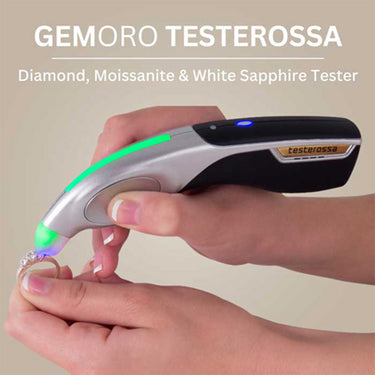 Identifying a gemstone on a gold ring using the Testerossa probe tip.