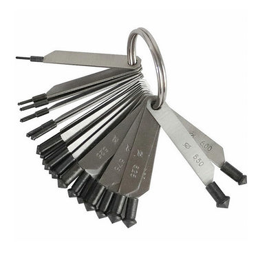 Reverse angled view of the metal gemstone measuring gauge fan showing pronged tips.