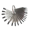 Fan-out view of stainless steel gemstone measuring gauge blades with millimeter markings.