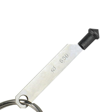 Close-up of a single 6.50mm gemstone measuring gauge blade on a metal key ring.