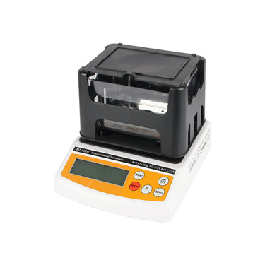 Elevated right angled view of the white and yellow MZ-K300 gold purity tester machine.