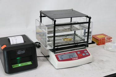 Gold and platinum tester MZ-K3000 linked to a digital thermal printer generating a test purity receipt.