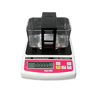 Straight front view of the electronic solid densimeter showing a zeroed digital display panel.