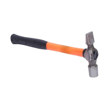 Side profile of cross-peen riveting hammer showing chisel peen and ergonomic black rubber grip.