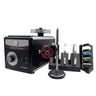 Graver sharpening grinding machine system with dual-angle sharpening fixture and diamond wheels.