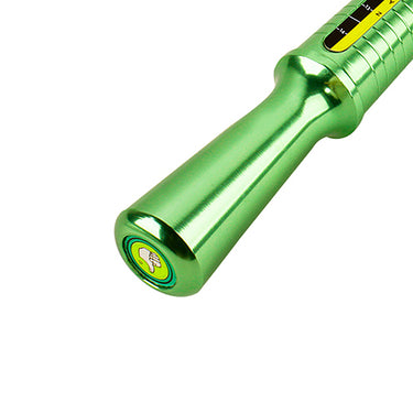 Close-up of the smooth ergonomic handle base of the green aluminum ring stick with a hand icon inlay.