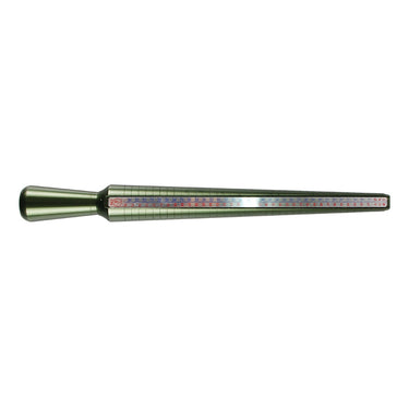 Horizontal view of the green metal ring sizer stick showing multi-national measurement scales.