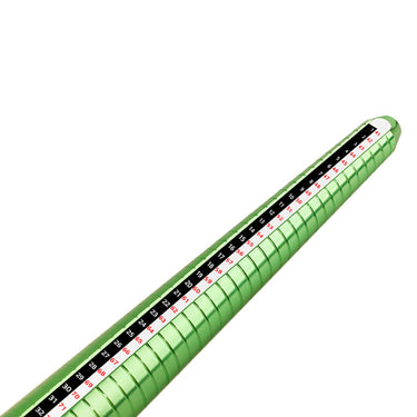 Close-up view of the white scale strip on the green metal mandrel showing clear red and black numbers.