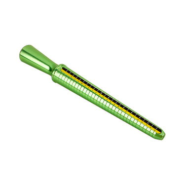 Reverse side view of the green metal ring sizer stick focusing on the yellow measurement scale.