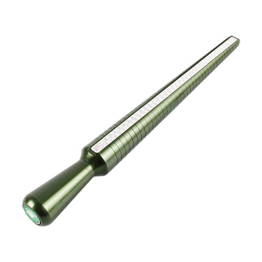 Right-angled diagonal view of the green four-scale jewelry mandrel, showing grooved size lines.