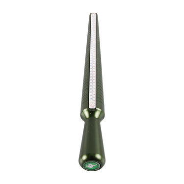 Top-down vertical perspective of the green aluminum ring sizing stick showing clear numbering.