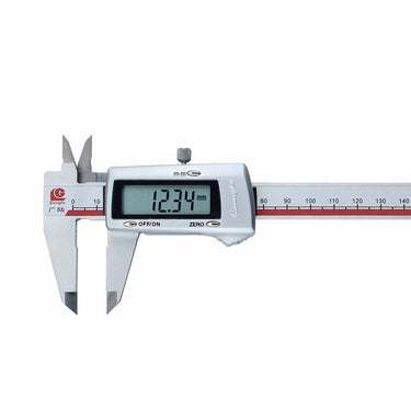 Close-up of the slider and LCD screen on a Guanglu electronic caliper showing 12.34 mm.