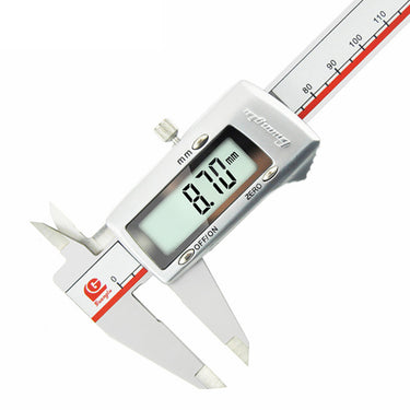 Angled view of a Guanglu digital vernier caliper displaying an accurate reading of 8.70 mm.