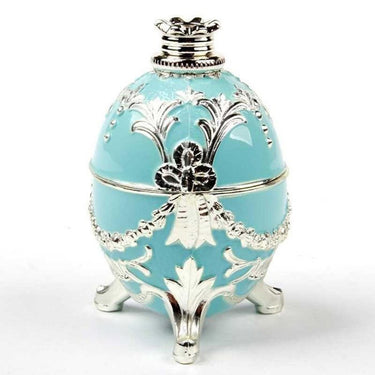 Closed blue Happy Egg diamond arrow viewer with elegant European retro carved silver patterns.