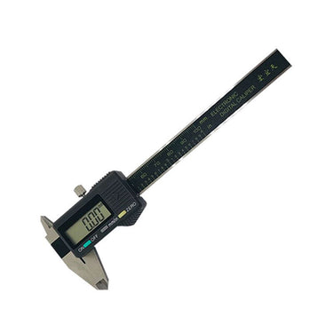 Diagonal view of an HYT electronic digital caliper tool showing a zeroed readout on its LCD screen.