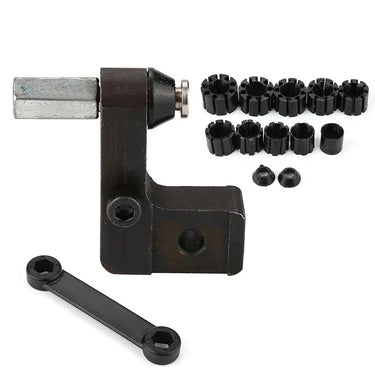 Black ID ring holder mounting bracket shown alongside expanding collet set and wrench tool.
