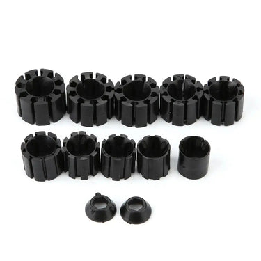 Set of multi-size black expanding collets and tapered locking cones for ID ring holder.