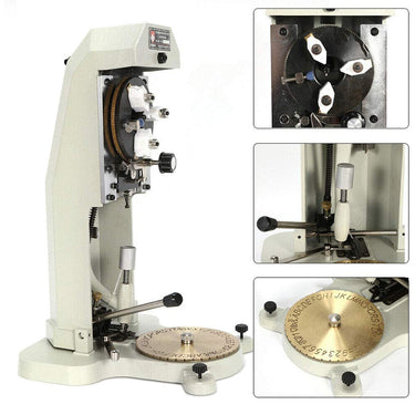 Three-quarter perspective of inside ring engraver with insets of chuck, tracing stylus, and dial.
